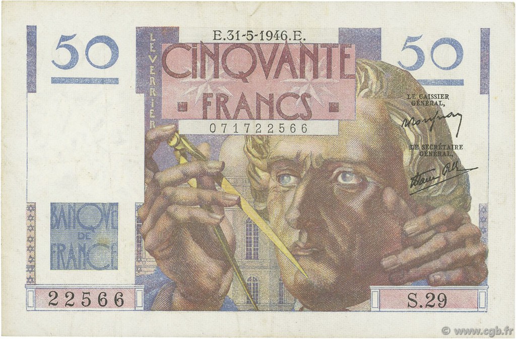 50 Francs LE VERRIER FRANCIA  1946 F.20.05 MBC+