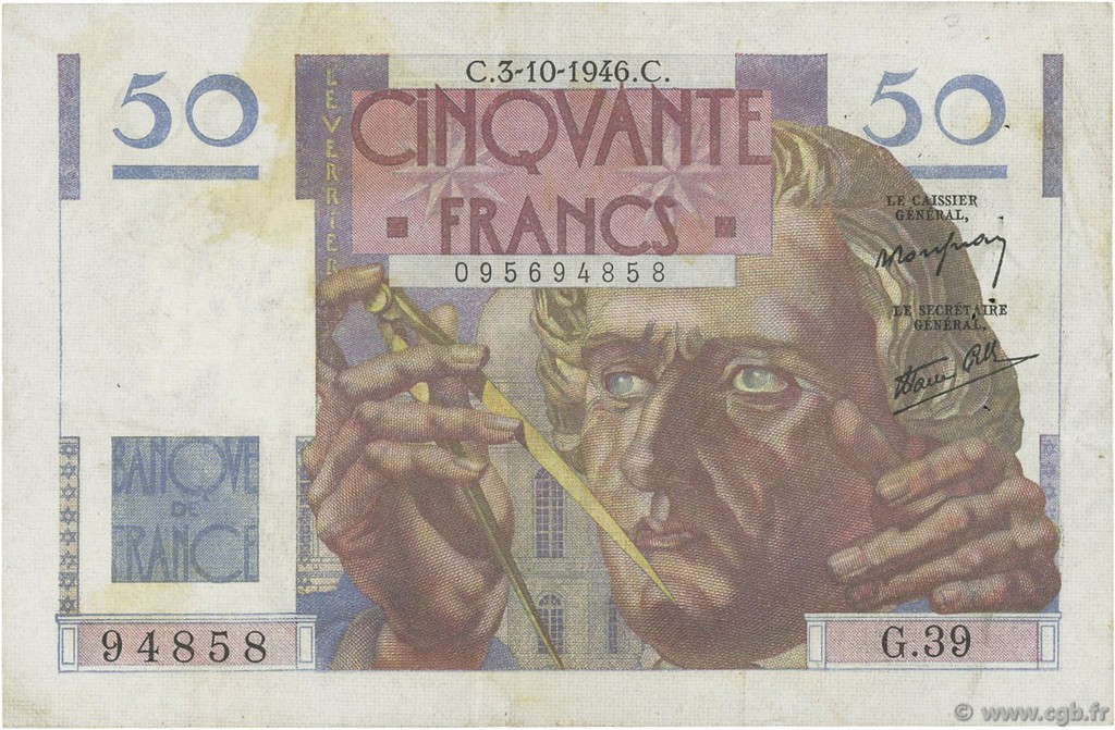 50 Francs LE VERRIER FRANKREICH  1946 F.20.06 SS