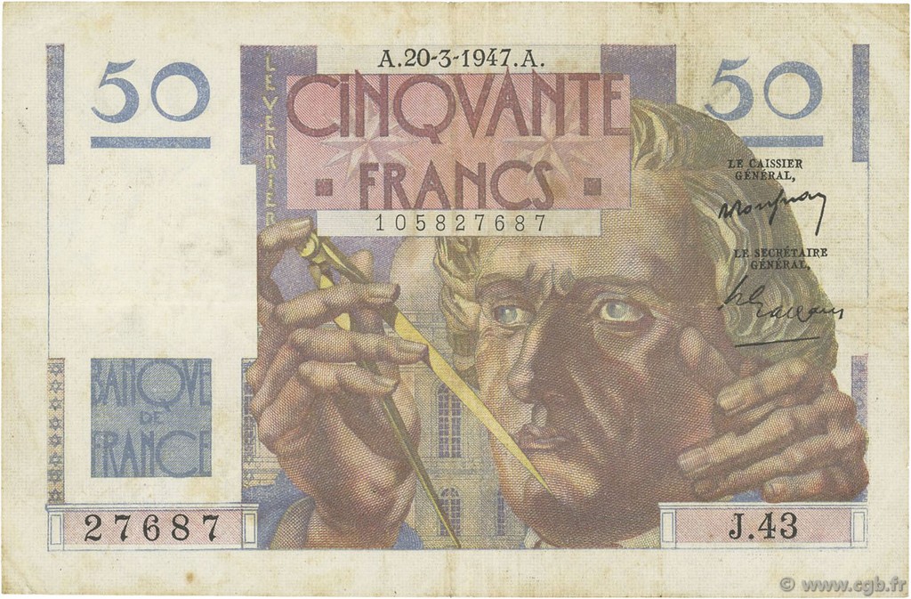50 Francs LE VERRIER FRANCIA  1947 F.20.07 BB