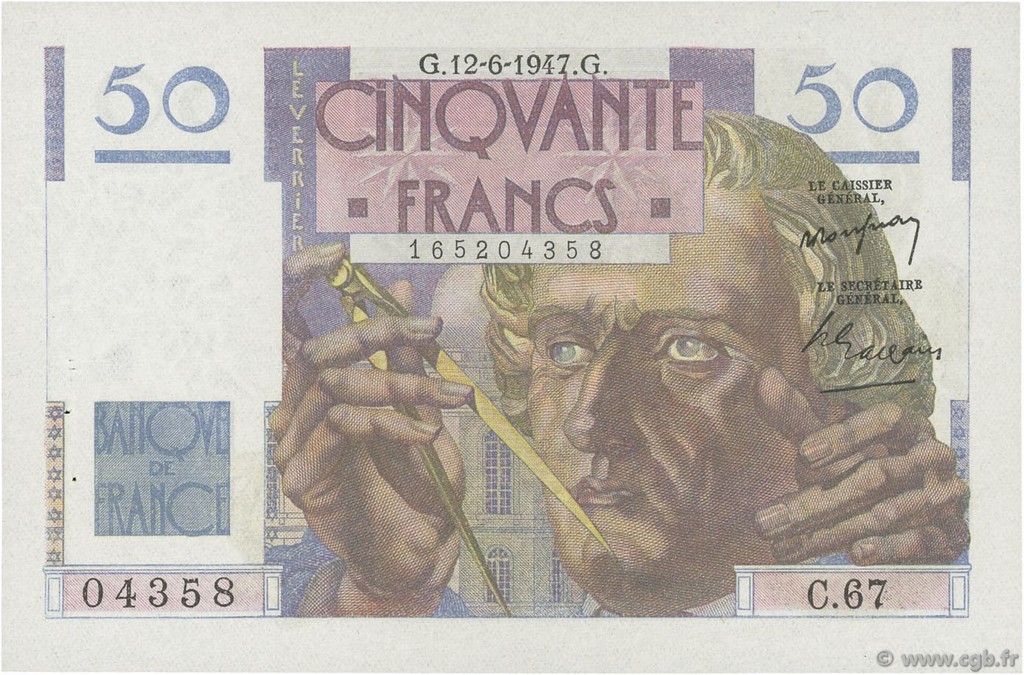 50 Francs LE VERRIER FRANCIA  1947 F.20.08 EBC+