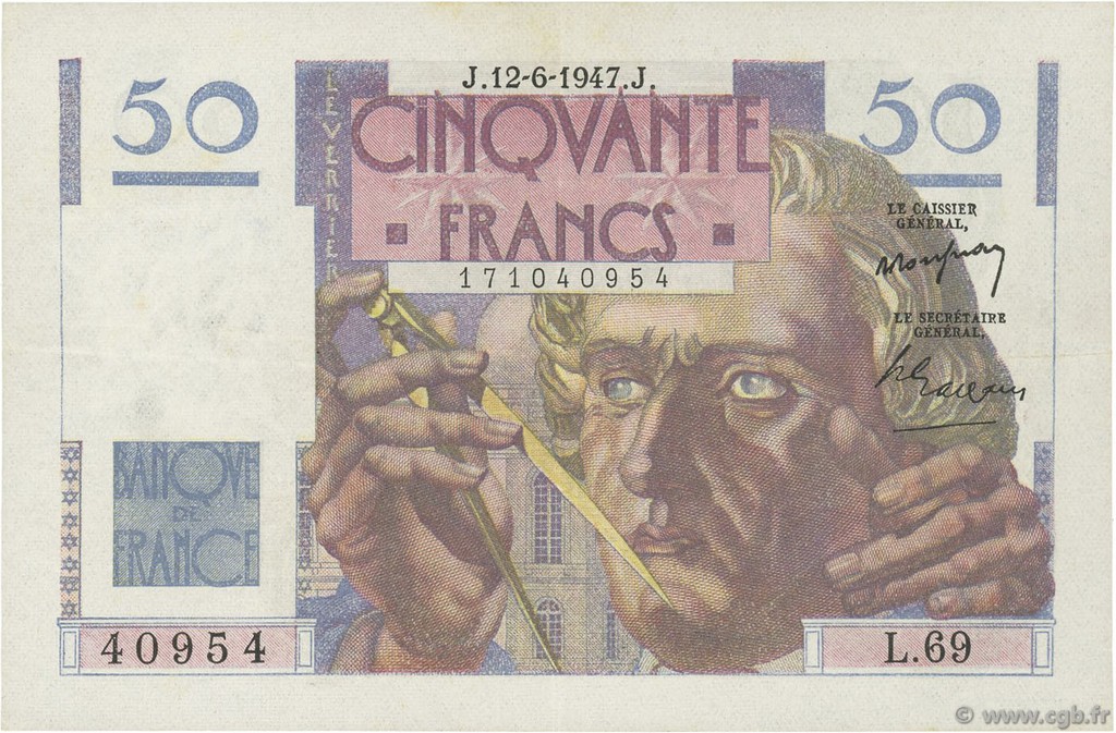 50 Francs LE VERRIER FRANCIA  1947 F.20.08 q.SPL