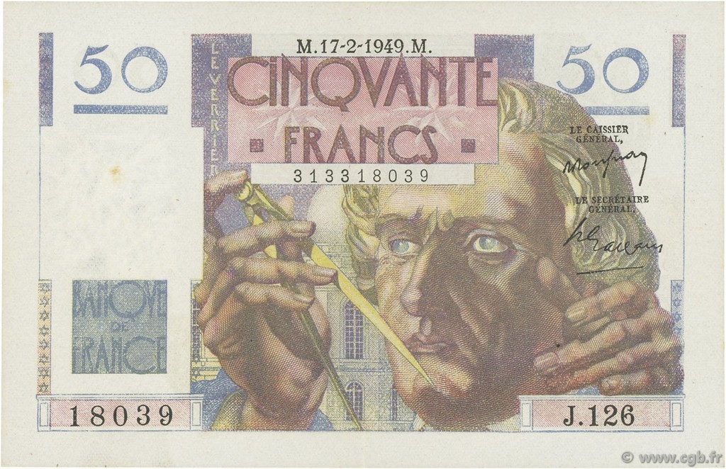 50 Francs LE VERRIER FRANCE  1949 F.20.11 XF+