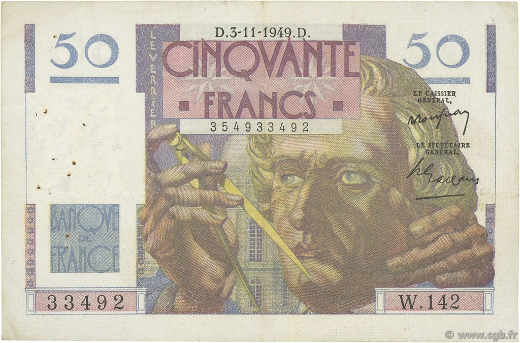 50 Francs LE VERRIER FRANCE  1949 F.20.13 TTB