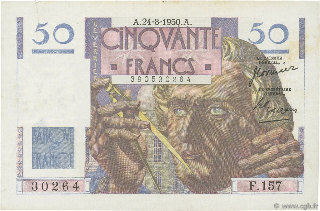 50 Francs LE VERRIER FRANCE  1950 F.20.16 VF