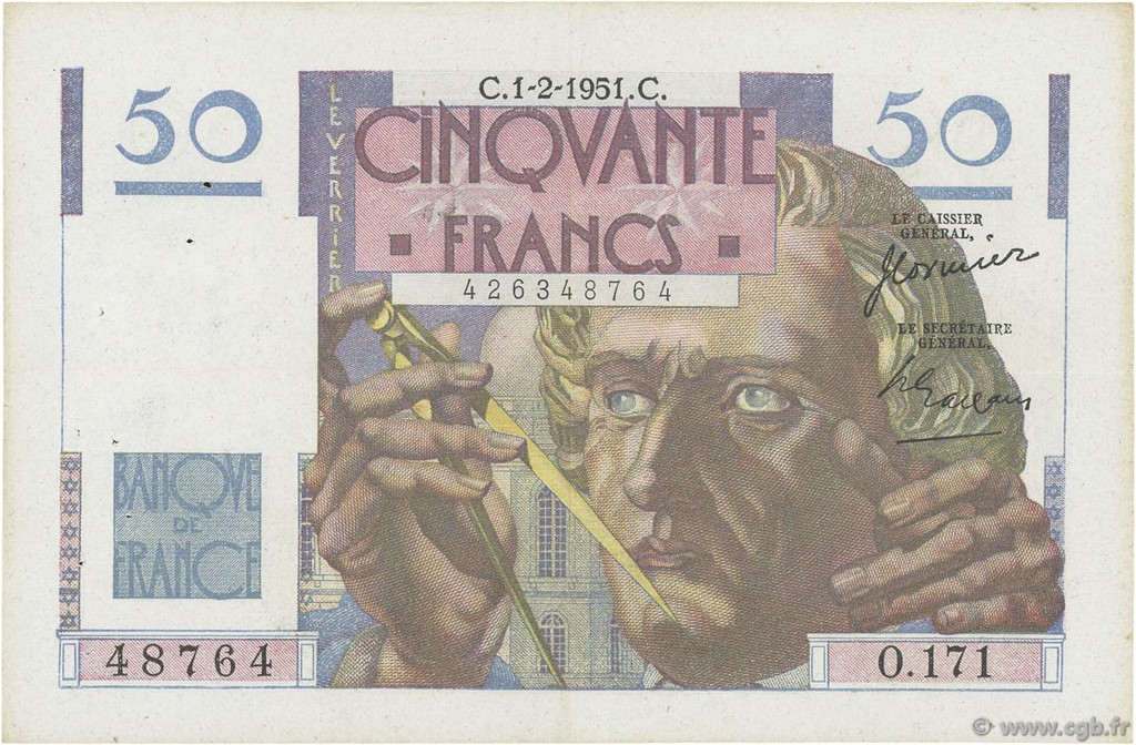 50 Francs LE VERRIER FRANCIA  1951 F.20.17 MBC+