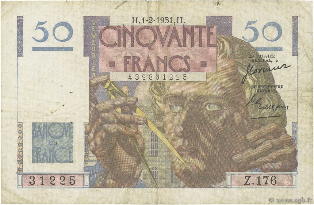 50 Francs LE VERRIER FRANCIA  1951 F.20.17 MB