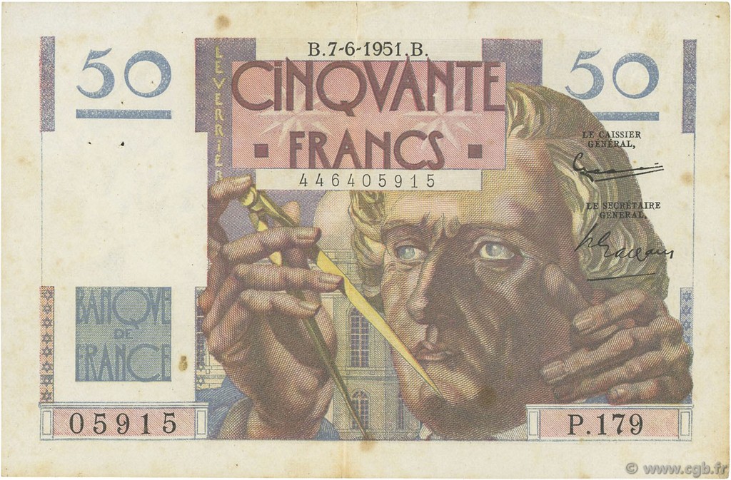 50 Francs LE VERRIER FRANCE  1951 F.20.18 VF+