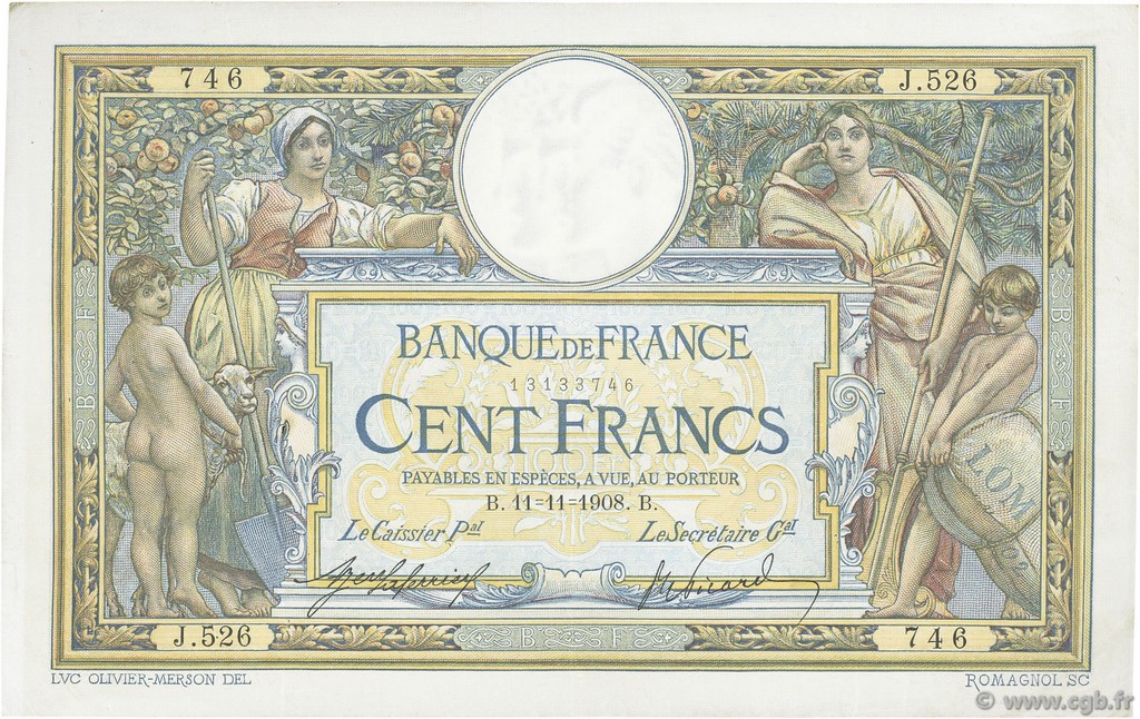 100 Francs LUC OLIVIER MERSON avec LOM FRANCIA  1908 F.22.01 BB