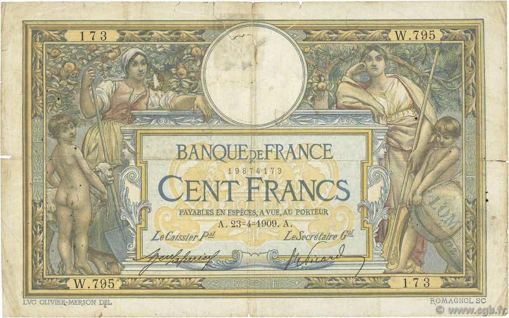 100 Francs LUC OLIVIER MERSON avec LOM FRANCIA  1909 F.22.02 RC