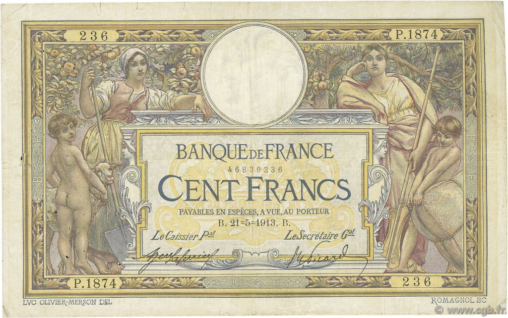 100 Francs LUC OLIVIER MERSON sans LOM FRANKREICH  1913 F.23.05 S