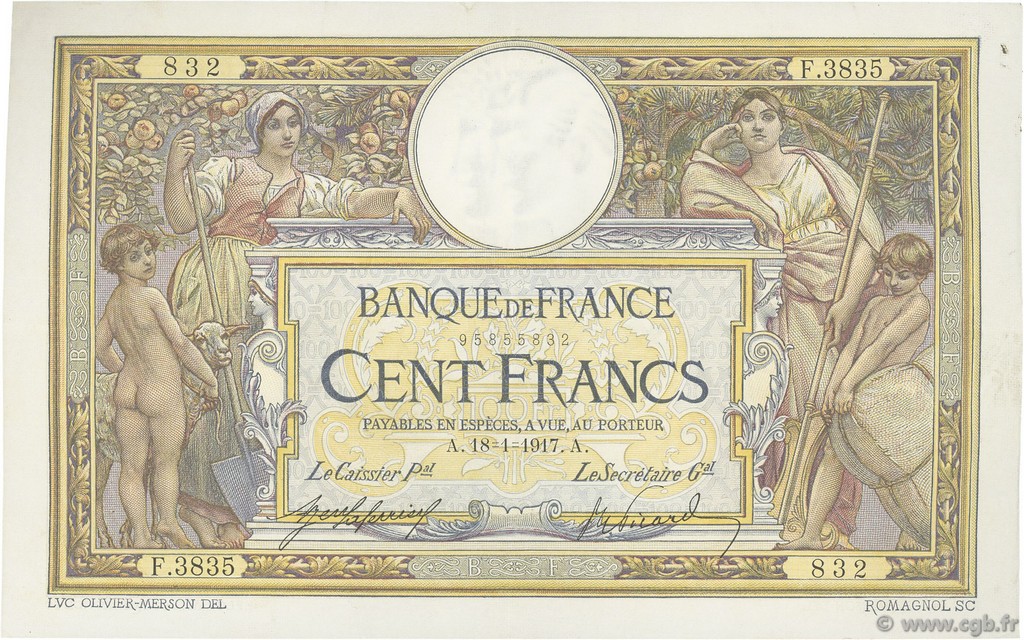 100 Francs LUC OLIVIER MERSON sans LOM FRANCIA  1917 F.23.09 MBC+