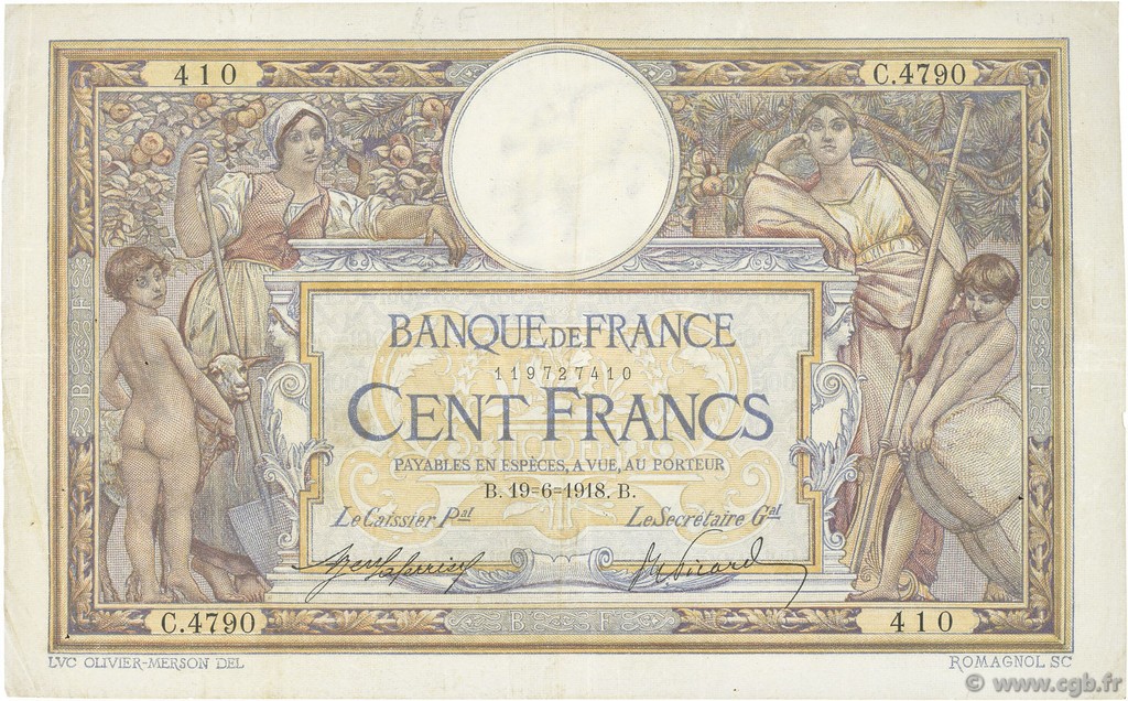 100 Francs LUC OLIVIER MERSON sans LOM FRANCE  1918 F.23.10 VF
