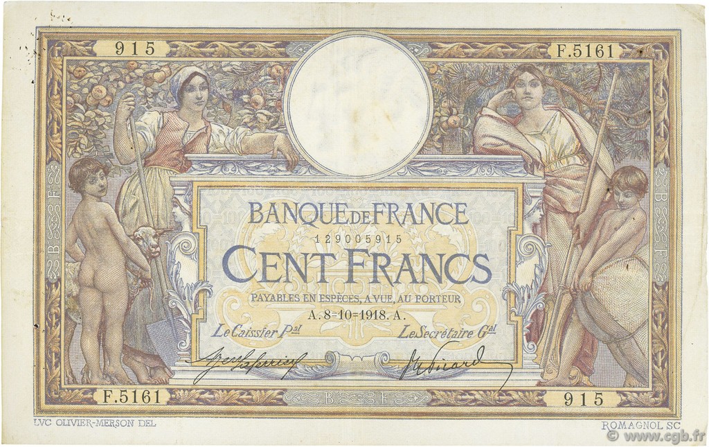 100 Francs LUC OLIVIER MERSON sans LOM FRANCE  1918 F.23.10 VF-