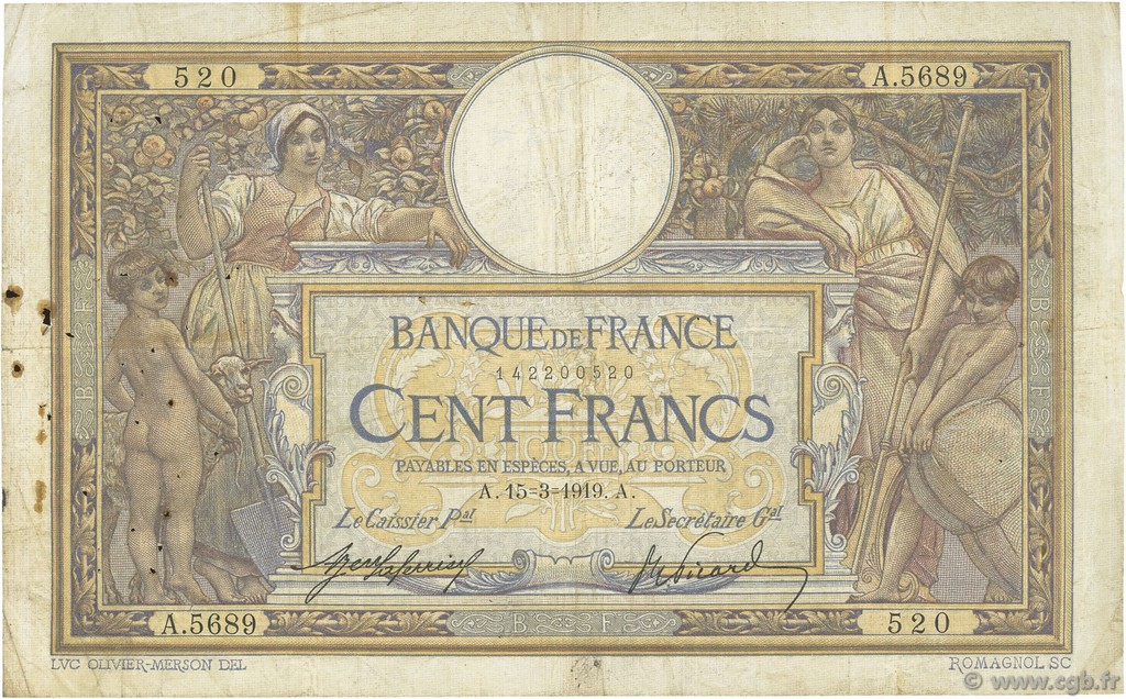 100 Francs LUC OLIVIER MERSON sans LOM FRANKREICH  1919 F.23.11 SGE