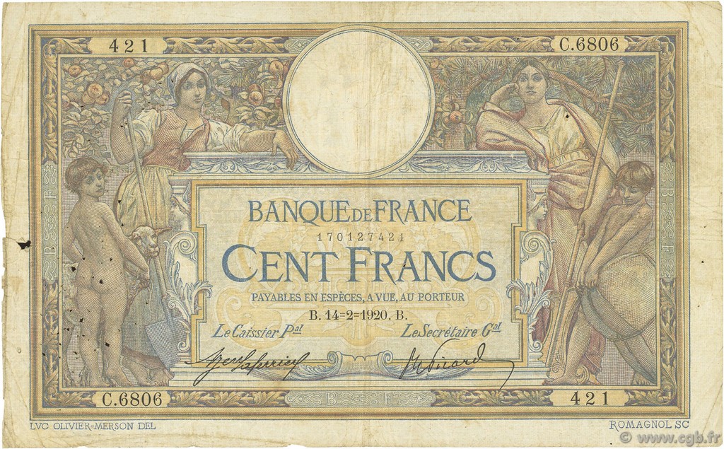 100 Francs LUC OLIVIER MERSON sans LOM FRANKREICH  1920 F.23.12 SGE
