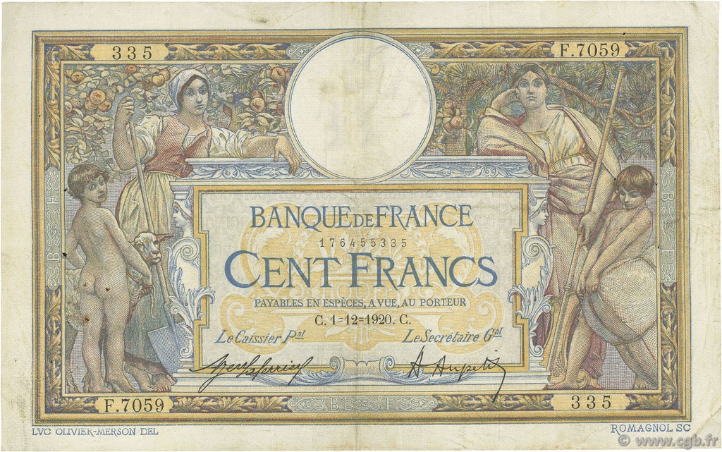 100 Francs LUC OLIVIER MERSON sans LOM FRANCE  1920 F.23.13 VF