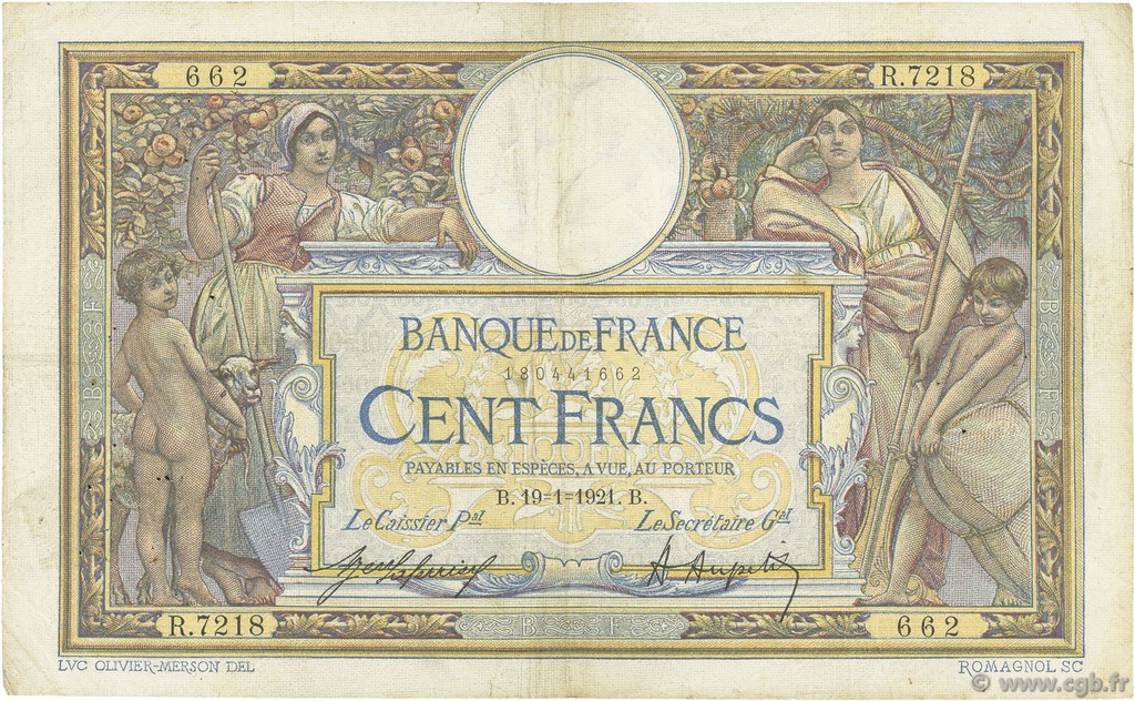 100 Francs LUC OLIVIER MERSON sans LOM FRANCE  1921 F.23.14 F