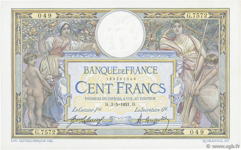 100 Francs LUC OLIVIER MERSON sans LOM FRANCE  1921 F.23.14 XF-