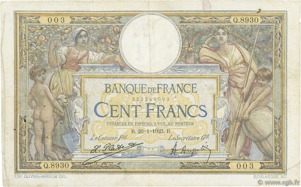 100 Francs LUC OLIVIER MERSON sans LOM FRANKREICH  1923 F.23.16 S