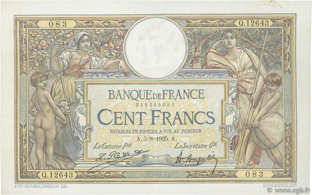 100 Francs LUC OLIVIER MERSON grands cartouches FRANCIA  1925 F.24.03 BB