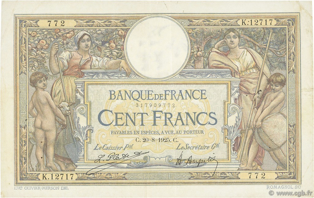 100 Francs LUC OLIVIER MERSON grands cartouches FRANKREICH  1925 F.24.03 SS