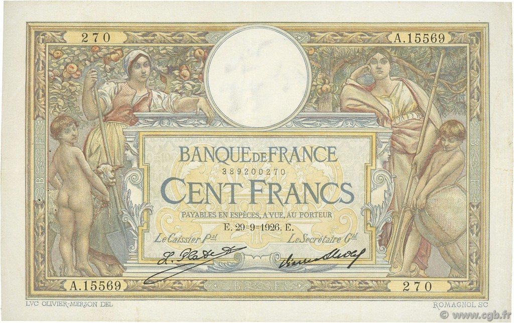 100 Francs LUC OLIVIER MERSON grands cartouches FRANCIA  1926 F.24.05 MBC