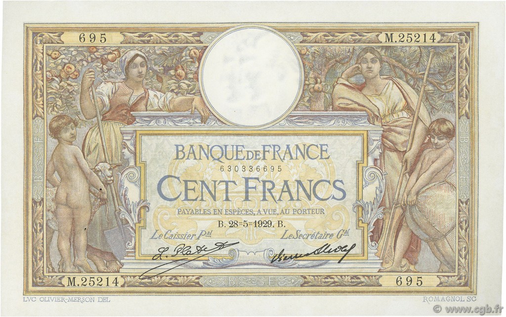 100 Francs LUC OLIVIER MERSON grands cartouches  FRANCIA  1929 F.24.08 SPL+