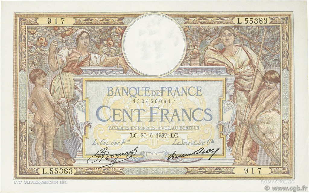 100 Francs LUC OLIVIER MERSON grands cartouches FRANCE  1937 F.24.16 XF-