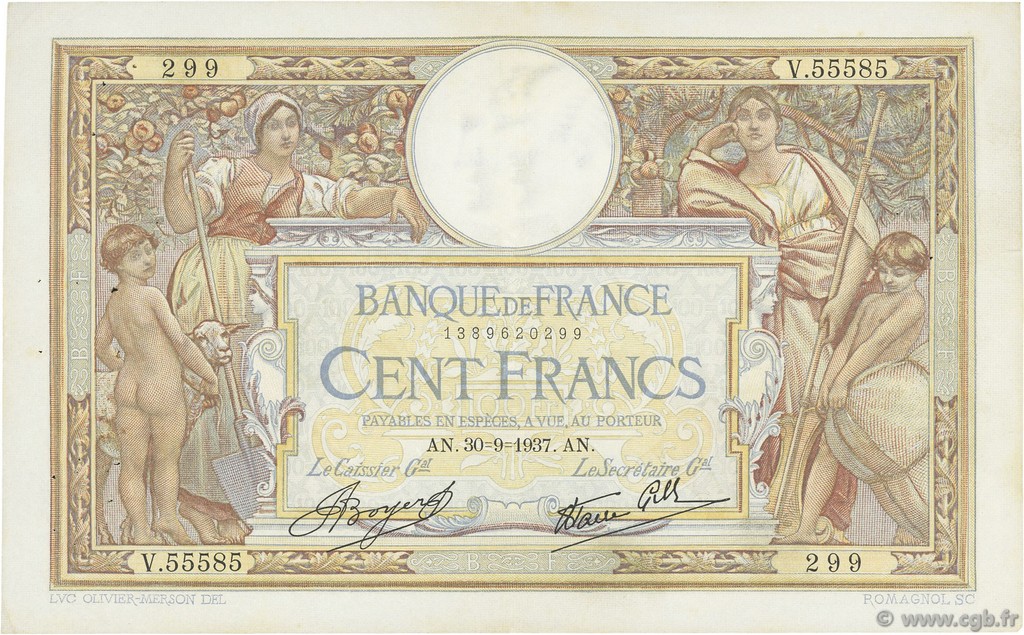 100 Francs LUC OLIVIER MERSON type modifié FRANKREICH  1937 F.25.02 fVZ