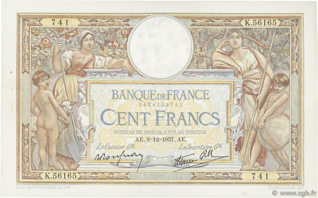 100 Francs LUC OLIVIER MERSON type modifié FRANCIA  1937 F.25.05 q.SPL