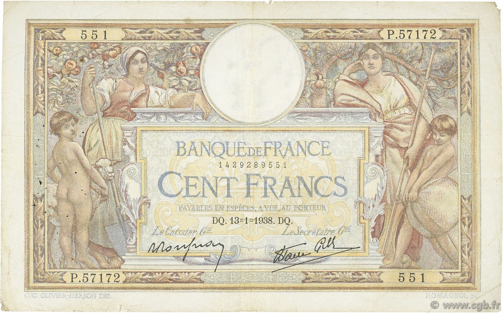 100 Francs LUC OLIVIER MERSON type modifié FRANCE  1938 F.25.08 TB