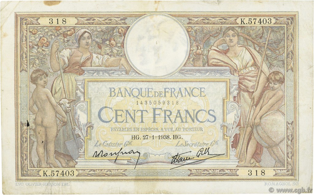 100 Francs LUC OLIVIER MERSON type modifié FRANCIA  1938 F.25.09 MB
