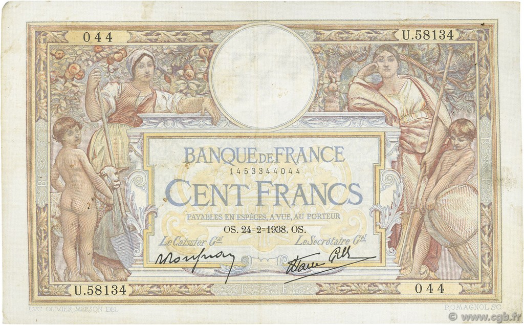 100 Francs LUC OLIVIER MERSON type modifié FRANCIA  1938 F.25.12 BB