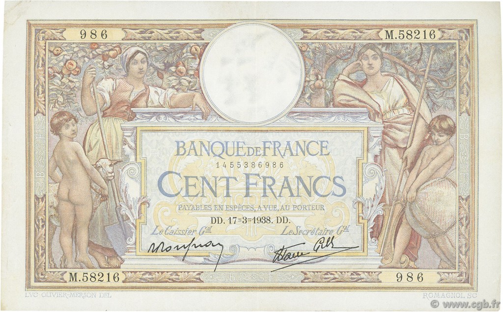 100 Francs LUC OLIVIER MERSON type modifié FRANKREICH  1938 F.25.13 SS
