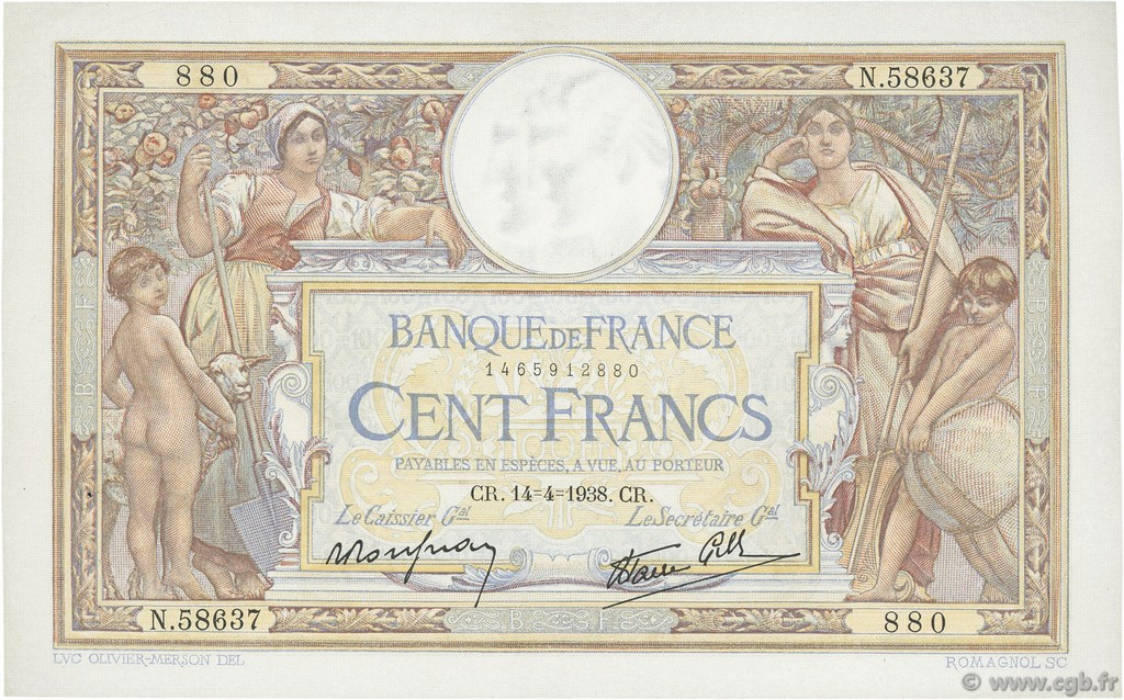 100 Francs LUC OLIVIER MERSON type modifié FRANCIA  1938 F.25.15 EBC
