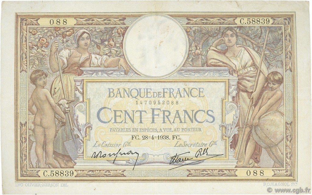 100 Francs LUC OLIVIER MERSON type modifié FRANCIA  1938 F.25.16 MBC