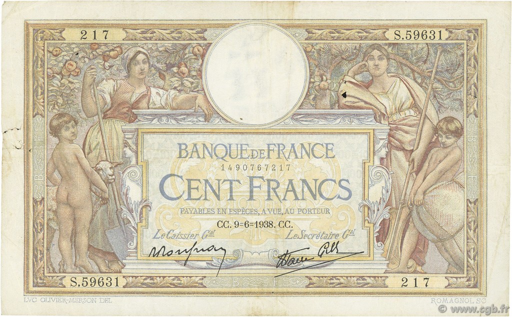 100 Francs LUC OLIVIER MERSON type modifié FRANKREICH  1938 F.25.22 S