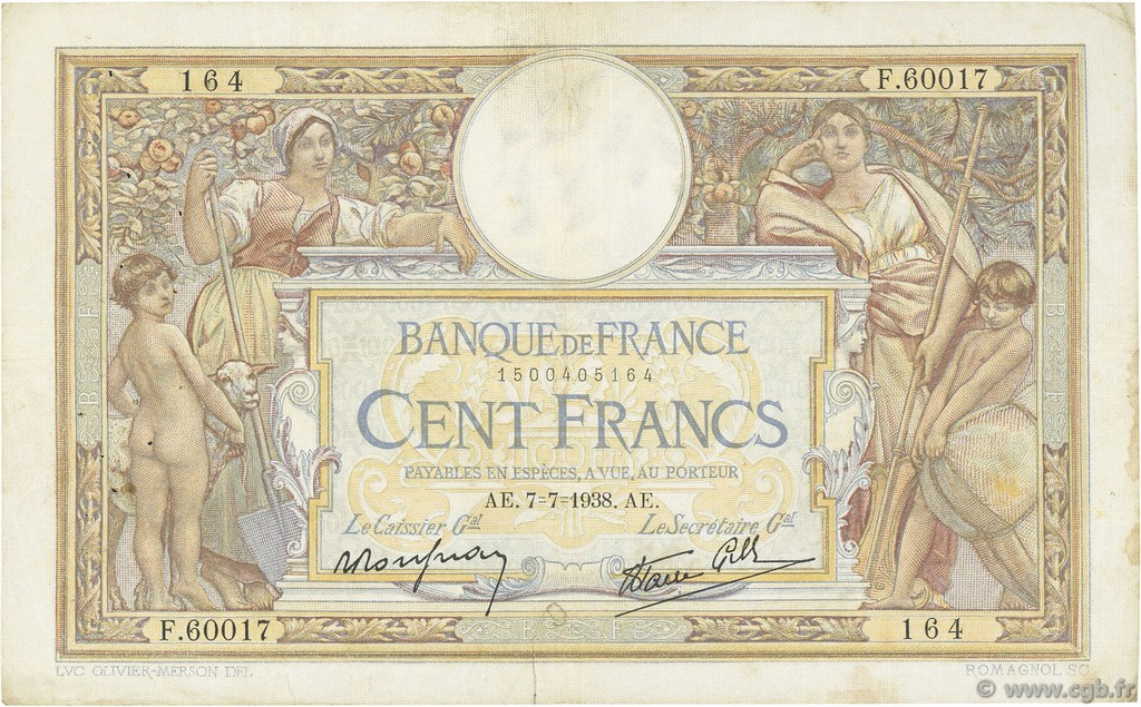 100 Francs LUC OLIVIER MERSON type modifié FRANCIA  1938 F.25.25 q.BB