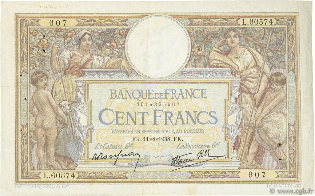 100 Francs LUC OLIVIER MERSON type modifié FRANCIA  1938 F.25.28 MBC