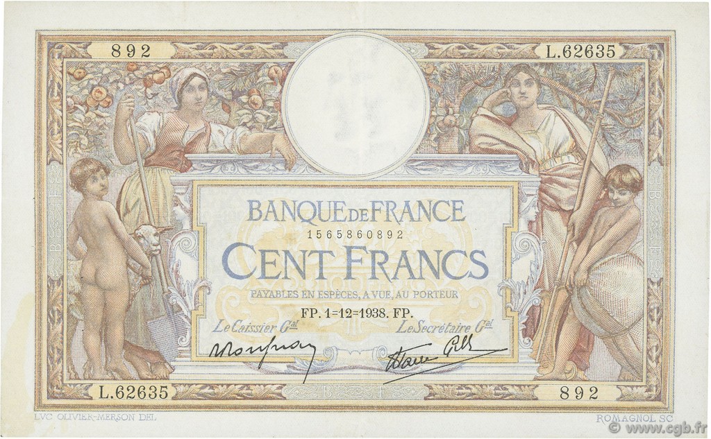 100 Francs LUC OLIVIER MERSON type modifié FRANCIA  1938 F.25.35 q.SPL