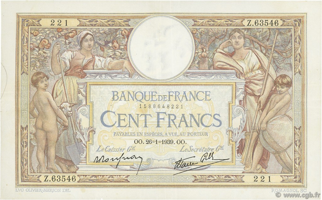 100 Francs LUC OLIVIER MERSON type modifié FRANKREICH  1939 F.25.40 SS