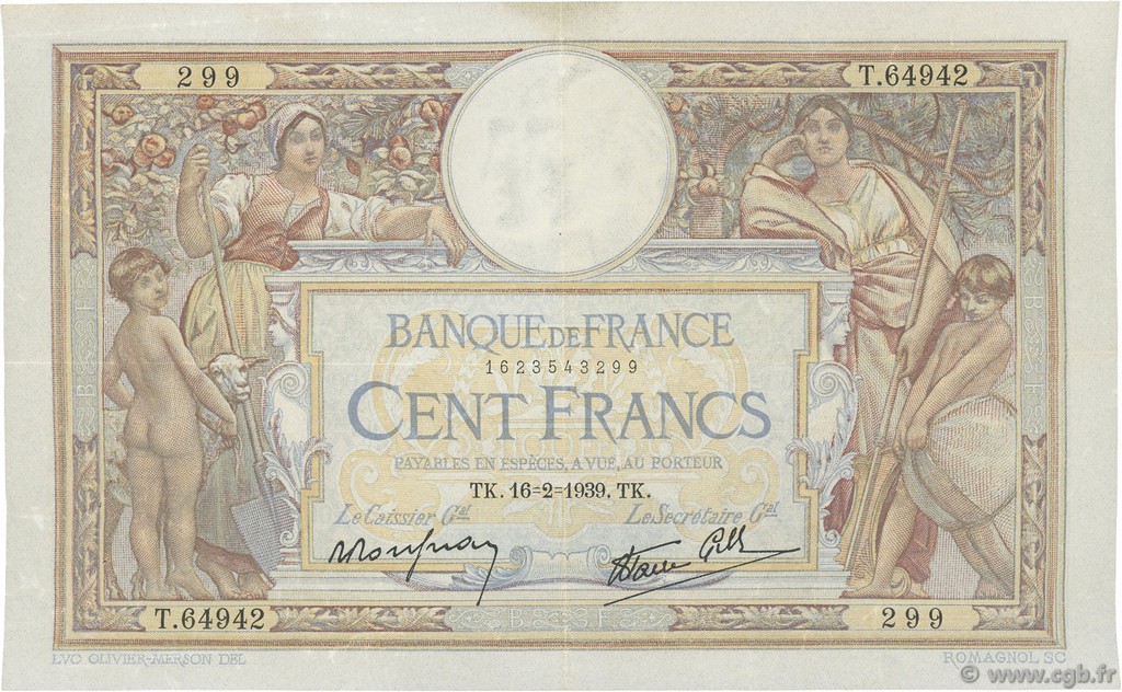 100 Francs LUC OLIVIER MERSON type modifié FRANKREICH  1939 F.25.43 fVZ