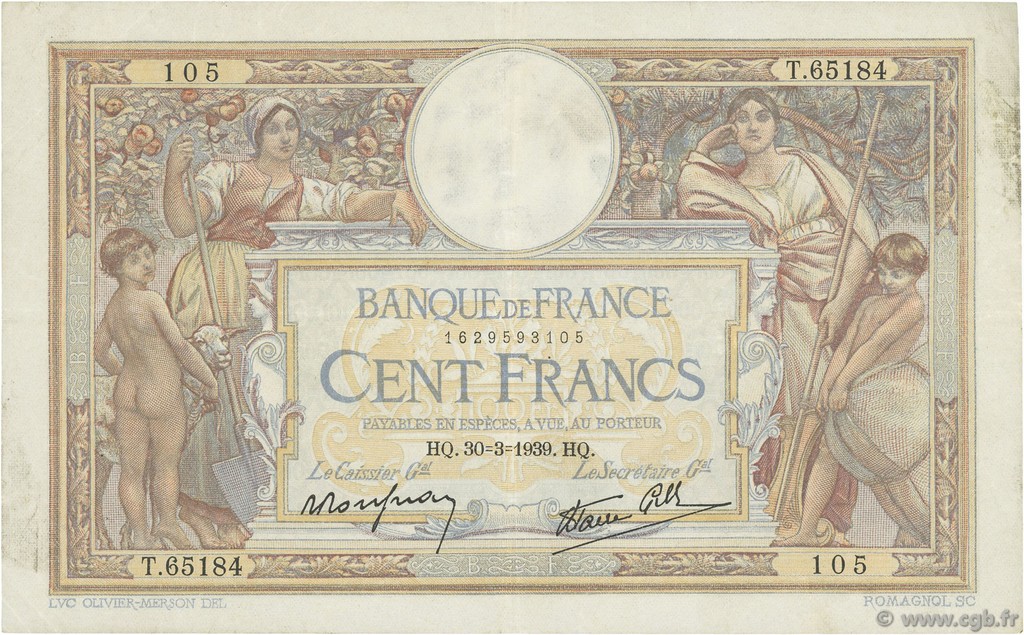 100 Francs LUC OLIVIER MERSON type modifié FRANKREICH  1939 F.25.44 SS