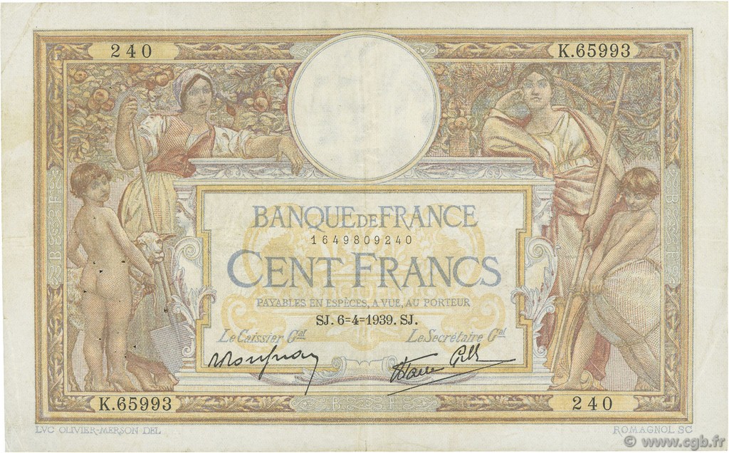 100 Francs LUC OLIVIER MERSON type modifié FRANCE  1939 F.25.45 VF