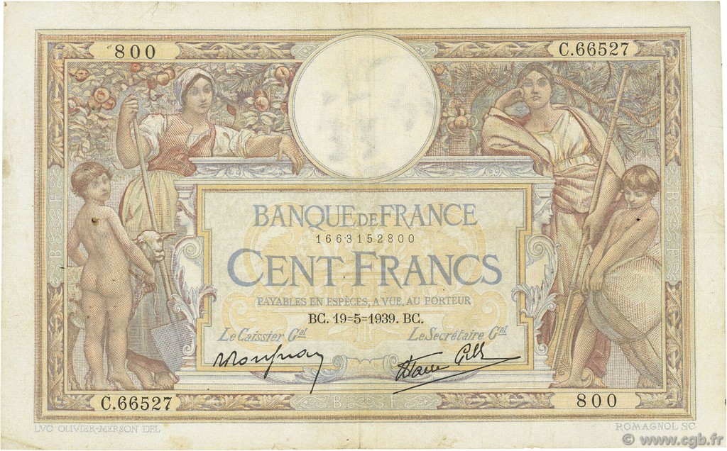 100 Francs LUC OLIVIER MERSON type modifié FRANKREICH  1939 F.25.47 fSS