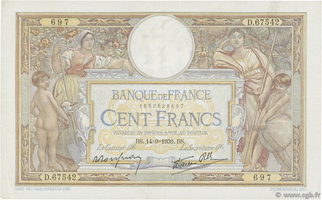 100 Francs LUC OLIVIER MERSON type modifié FRANCIA  1939 F.25.49 MBC+