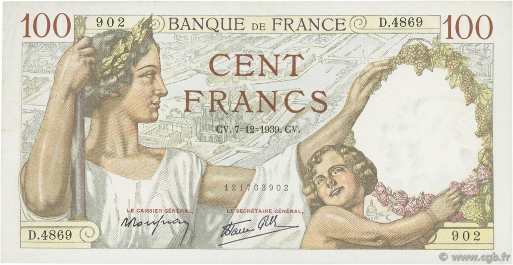 100 Francs SULLY FRANCIA  1939 F.26.17 q.SPL