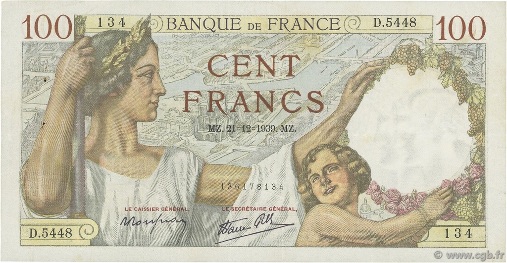 100 Francs SULLY FRANCE  1939 F.26.18 VF