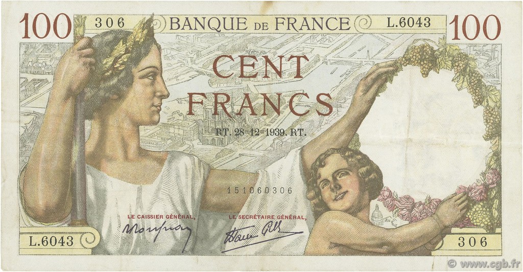 100 Francs SULLY FRANKREICH  1939 F.26.19 fVZ