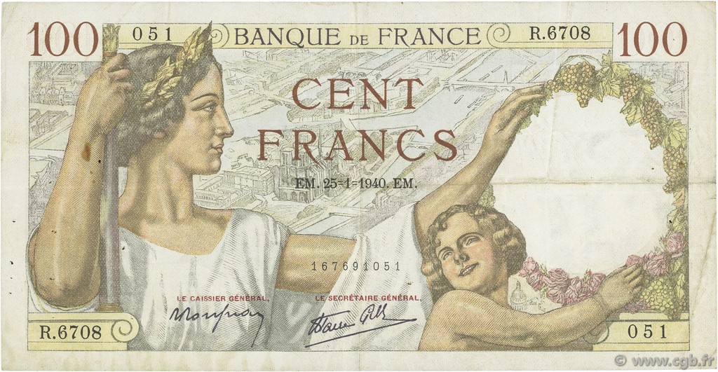 100 Francs SULLY FRANCE  1940 F.26.21 VF-